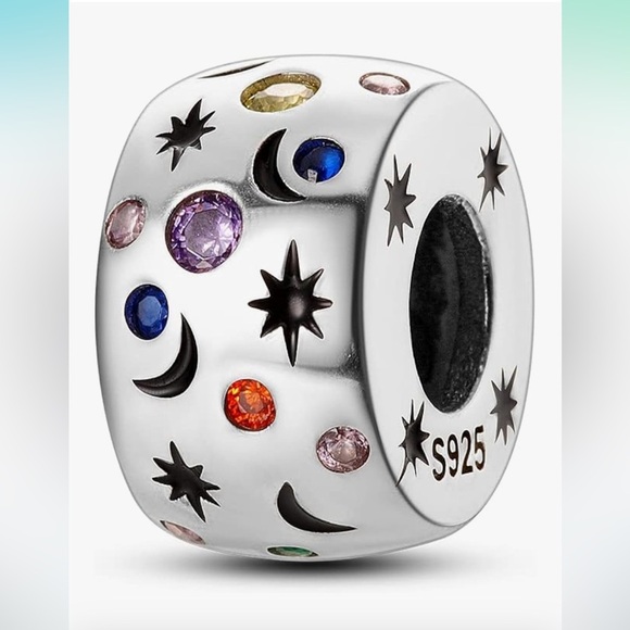Barrel style Silver 925 Charm with Colorful CZ Moon and stars - Picture 1 of 3